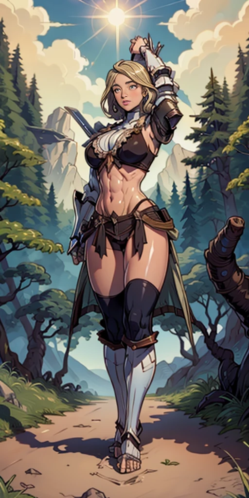 full body toe to head, masterpiece, 1soloMILF BIMBO standing pose, strong body, abs, shiny skin (masterpiece, best quality) 1girlsolo wearing rathalos armor (sunshine, sky, river, forest)
