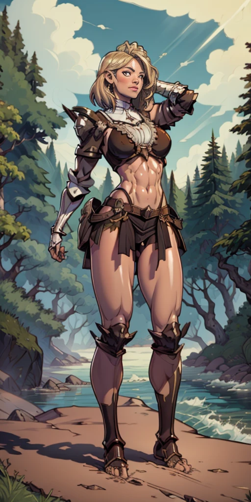 full body toe to head, masterpiece, 1soloMILF BIMBO standing pose, strong body, abs, shiny skin (masterpiece, best quality) 1girlsolo wearing rathalos armor (sunshine, sky, river, forest)