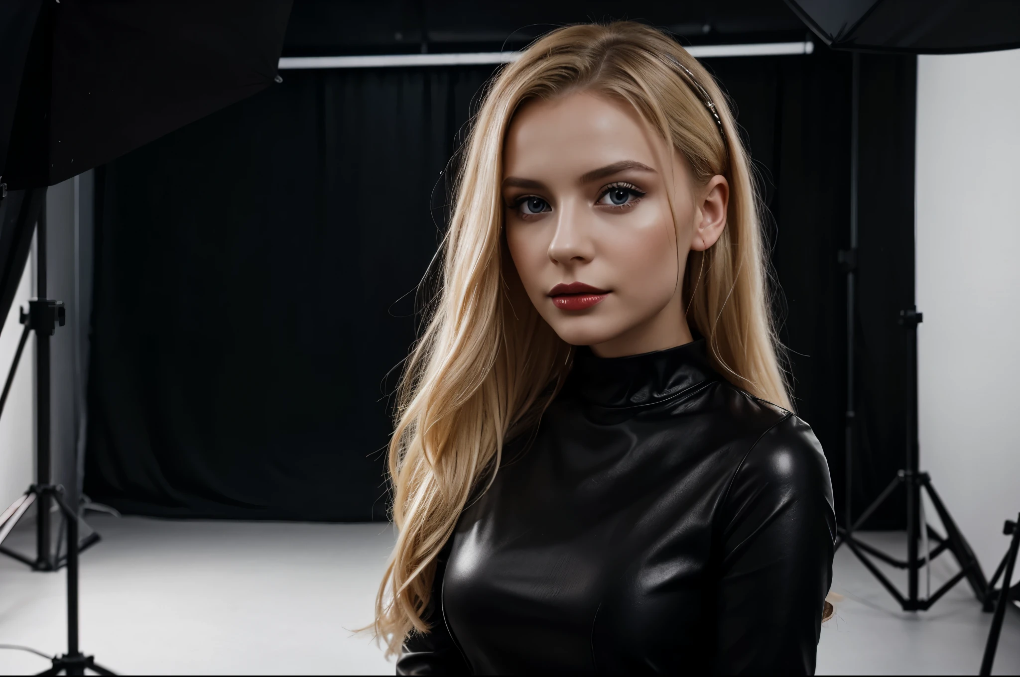 cinematic 4k portrait of blonde polish girl named Iga, dark roots, full lips, black outfit, professional photo session, photo studio
