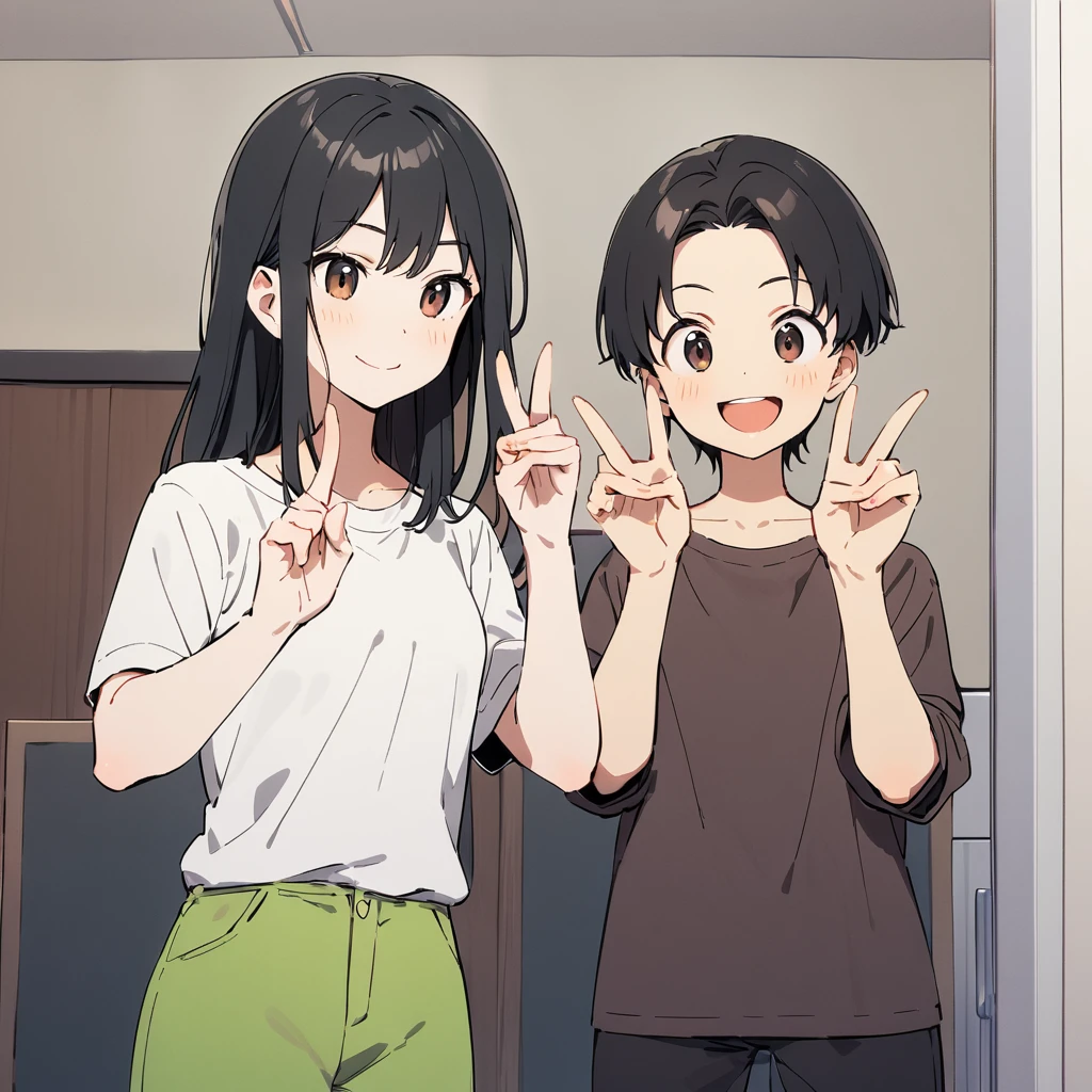 A confident smile, Two students demonstrating a gesture commonly associated with a peace sign while speaking by, slacks, Black Hair, indoor, in, skirt, shirt, ((((complete fiine fingers))))