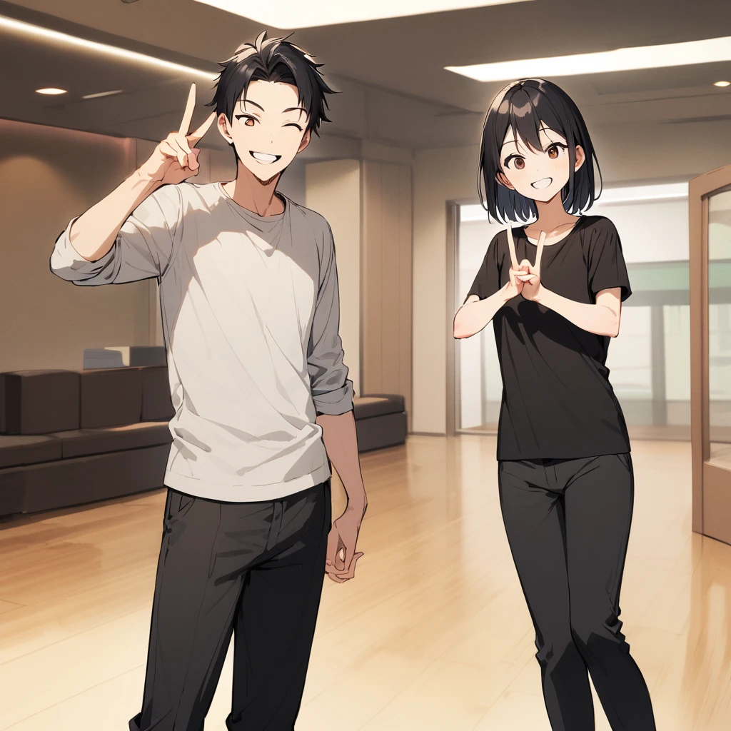 A confident smile, Two students demonstrating a gesture commonly associated with a peace sign while speaking by, slacks, Black Hair, indoor, in, skirt, shirt, ((((complete fiine fingers))))