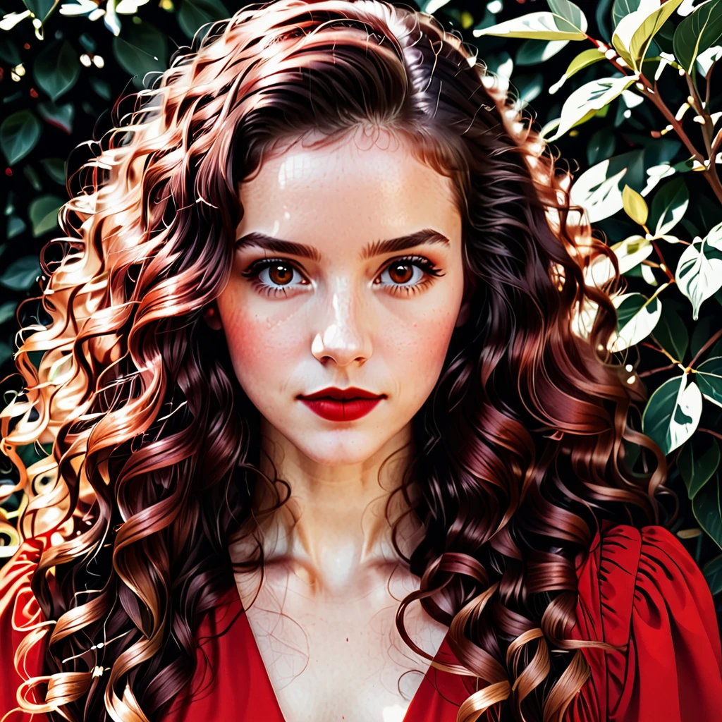 [white-skinned woman:1.2, long curly hair:1.2, elegant red dress, snub-nosed, bright brown eyes], portrait, VSCO filter: C8)