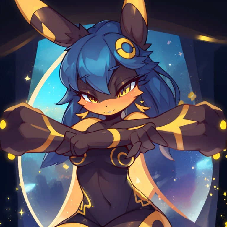 umbreon, Beautiful Art Style, 1girl,  glamorous, cosmic, shrugging, enjoyment