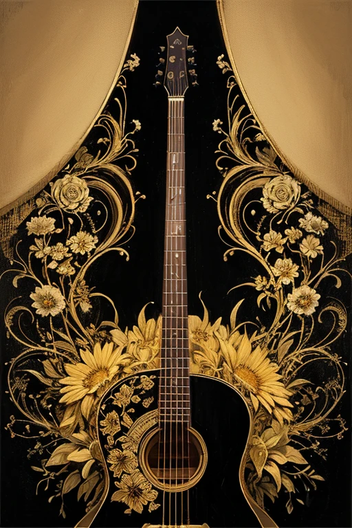 ((best quality)), ((masterpiece)), (detailed), (full illustration), illustration, style of discography cover art, style of album art, style of indie song art, mysterious, evocative, simple but detailed, elegant, striking, beautiful, (((painting quality))), ((black)), ((gold)), ((flowery)), (((musical)))