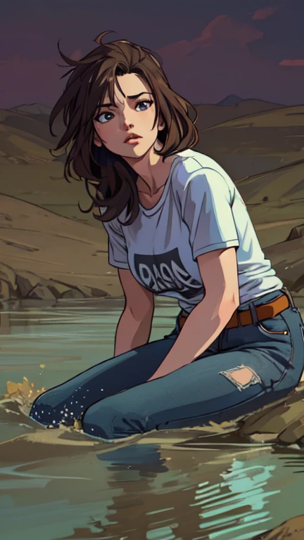 masterpiece, sinking in quicksand, memorable, feminine woman, t-shirt, flared jeans, dusk, fetishistic posing, take-off her jeans