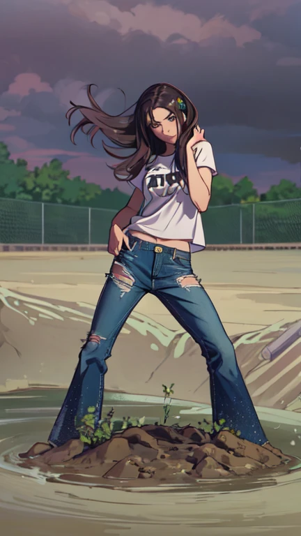 masterpiece, sinking in quicksand, memorable, feminine woman, t-shirt, flared jeans, dusk, fetishistic posing, take-off her jeans