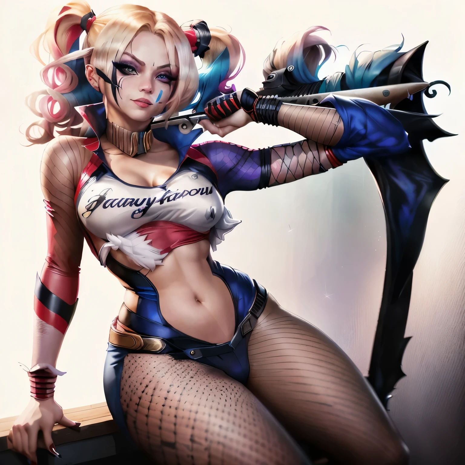 a close up of a woman stand with a bat in her hand, extremely detailed artgerm, harley quinn, harley queen, style artgerm, artgerm style, ig model | artgerm, of harley quinn, portrait of harley quinn, artgerm. high detail, graphic artist artgerm, artgerm comic, artgerm lau