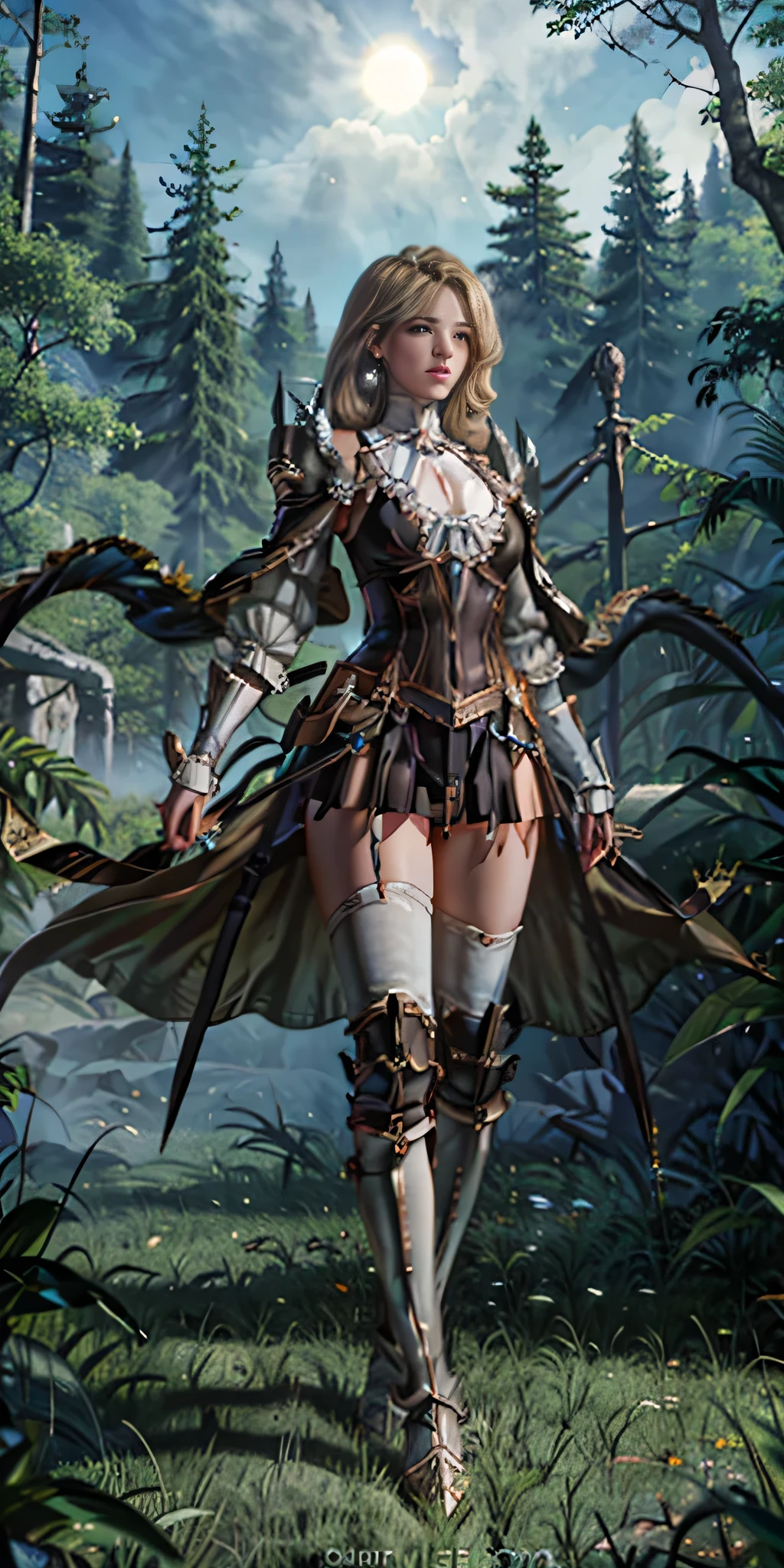 full body toe to head, masterpiece, 1soloMILF BIMBO standing pose, strong body, abs, shiny skin (masterpiece, best quality) 1girlsolo wearing rathalos armor (sunshine, sky, river, forest)