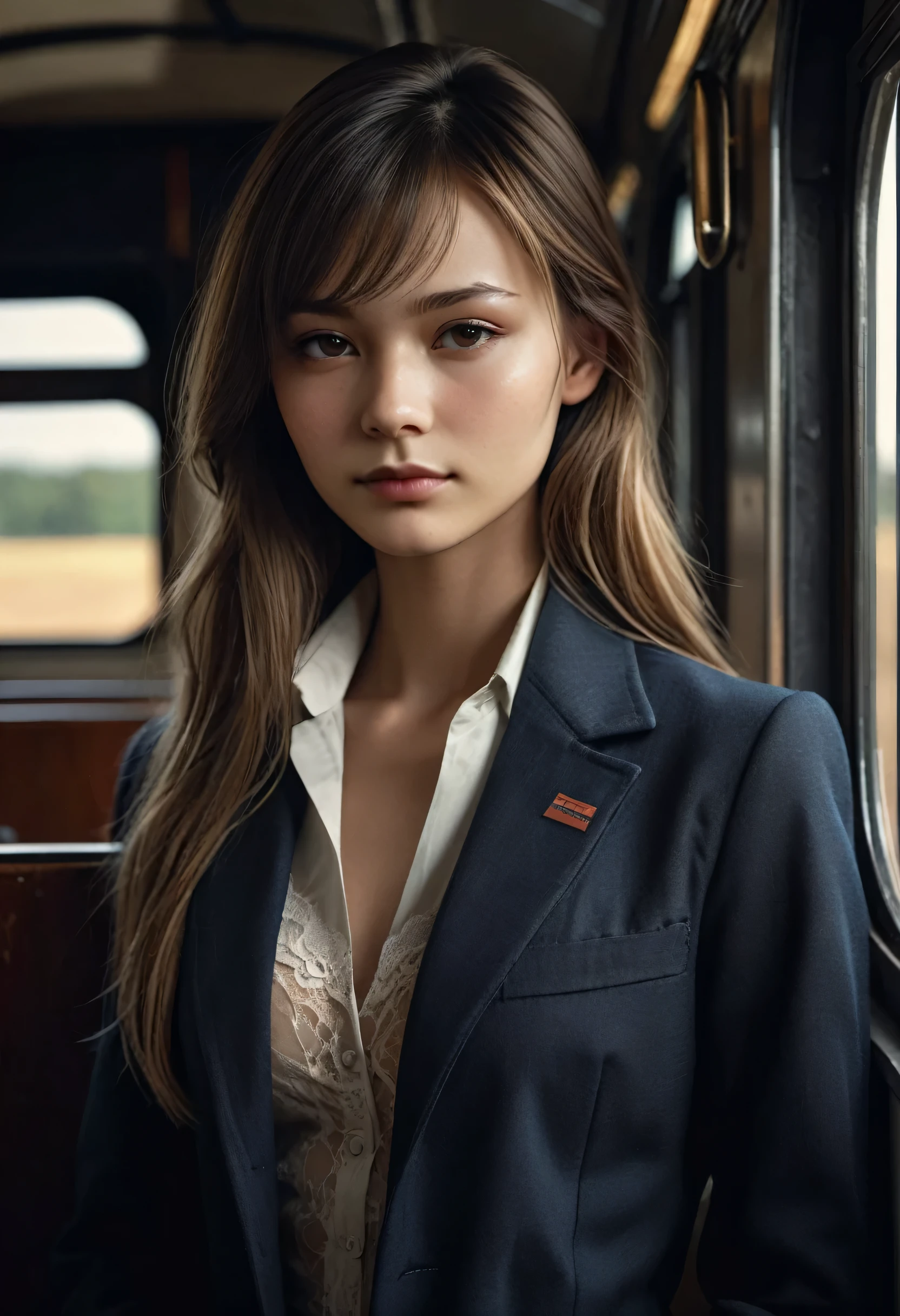 by Bojan Jevtic, Michael Borremans, Vector Art, RAW photo,close up of a strong 21yo Young Eurasian Beauty Train conductor, alluring, Thoughtful Pose, Land Art, Ilford HP5+ 400, F/5, perfect skin, Smooth Skin, Flat chested, Bold, Brilliant Dim Background Light, harsh side lighting, deep dark shadows, HDR, sharp and in focus,8k, Visual novel, Brilliant Masterpiece, sad smile, straight hair, colour, open jacket, small lacy bra,