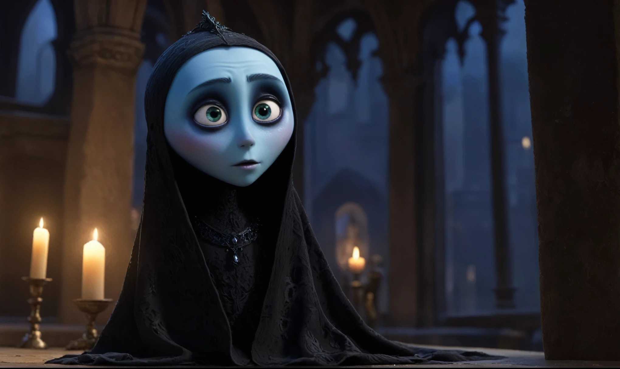 (((creature with a spectral and ghostly appearance)). Her skin is pale, almost translucent. His eyes shine with a bluish glow, he wears dark, torn clothes that float around him, as if permeated by an aura of mourning. Its appearance is complemented by details, symbols of mourning and gothic elements, further emphasizing its dark air. is portrayed as a haunted and tormented entity,{creature},face pretty face,extremely detailed,intricate details,eyes extremely detailed, high detailed eyes,16k resolution, realistic humid skin,extremely intricate details,Epic Realistic,face anatomically correct,Ultra HD,HDR, natural skin textures, ],masterpiece,intricate details,faded,eyes extremely detailed, high detailed eyes,16k resolution,RAW,retina, Nikon Z9,hyper realism,realistic skin texture, hyper detailed,extremely Realism,Ultra Detailed,body logically correct,venice mask,pixar movie still, pixar movie screenshot, frame from pixar movie, animated movie still, still from the pixar movie, still from a pixar movie, disney pixar movie still, pixar movie scene, still from pixar movie, still from a 2001 pixar movie, pixar render, animated film still

