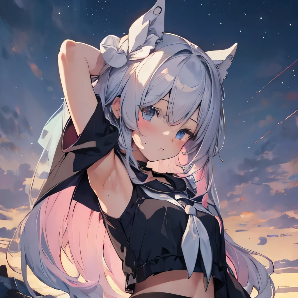 (Ultra Real), (Illustration), (High Resolution), (8K), (Very Detailed), (Best Illustration), (Beautiful Detailed Eyes), (Best Quality), (Super Detailed), (Masterpiece), (Wallpaper), (Detailed Face), Solo, (Dynamic Pose, 1girl, Beautiful sky blue eyes,Cute, blush, small breasts, Center division, arm up, armpits, sweat, show armpits