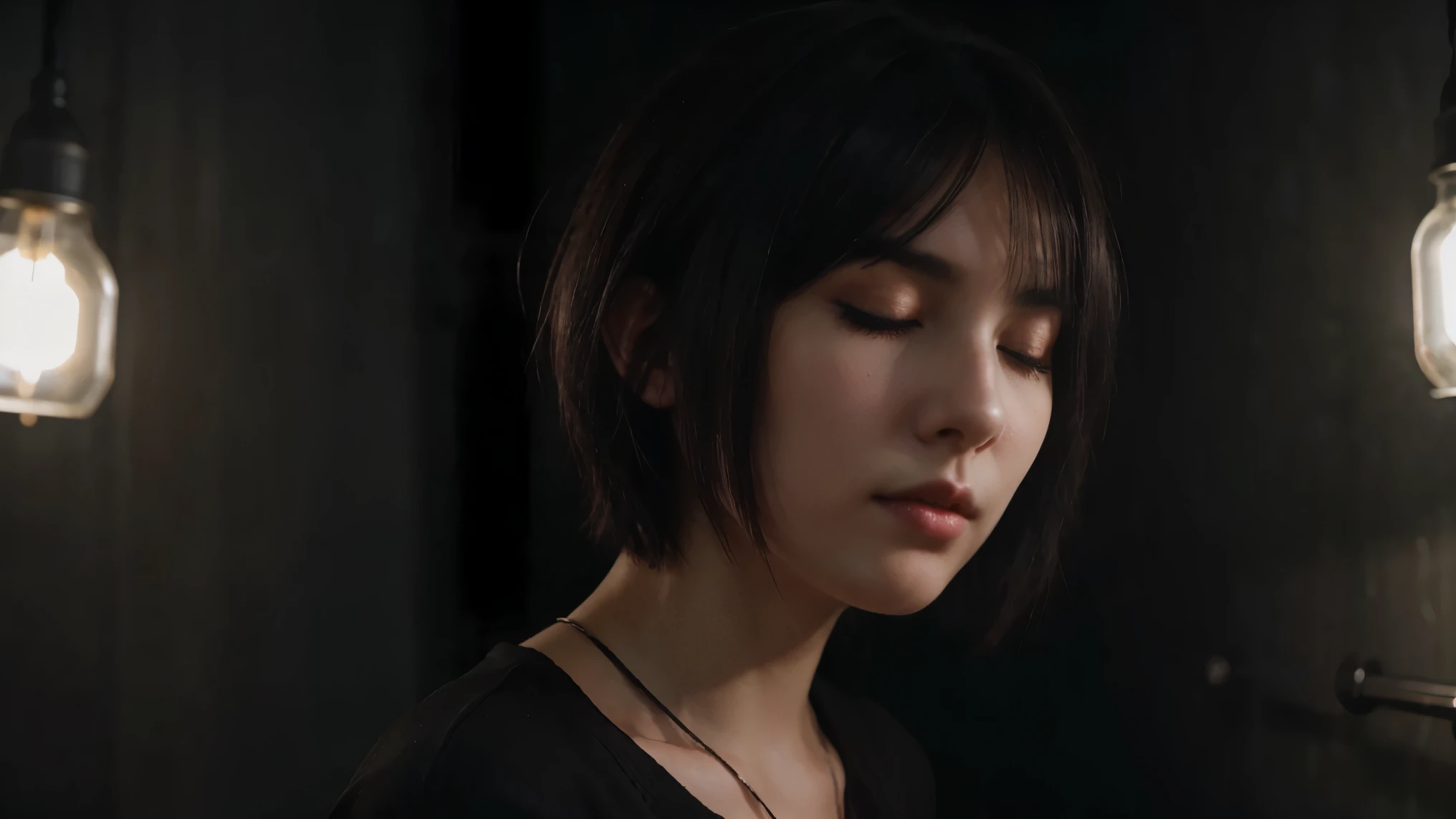 realistic girl with short bob black hair with black clothing, looking back, mysterious, instagram, grunge, dark room, black room with low light, no visible light bulbs, cinematic scene, eyes closed, girl is falling into void