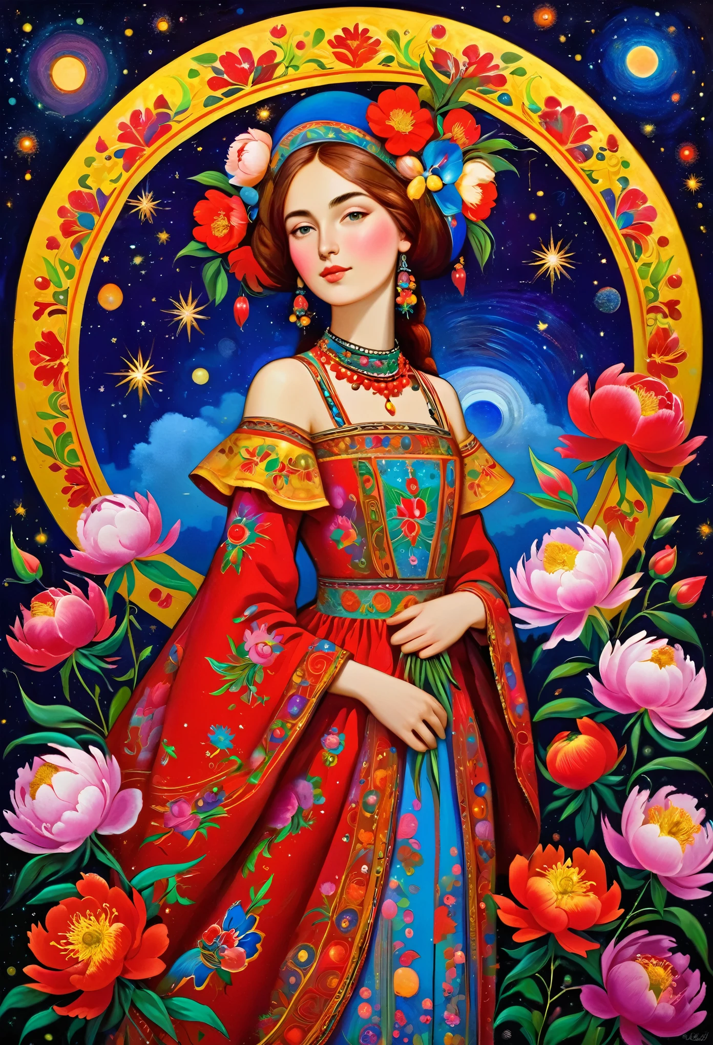 attractive young girl with peonies, Russian khohloma, dream under the summer starry sky, Russian paraphernalia, from the shoulder, Very colorful,
Best Improvisation, ((Mordecai-Ardon style!)), ((perfect full body detail)), magic naive art, primitivism, protogen, crimson/liliac
, ((best quality, Masterpiece)), ((Highest detail)), RAW:1,1, 8k