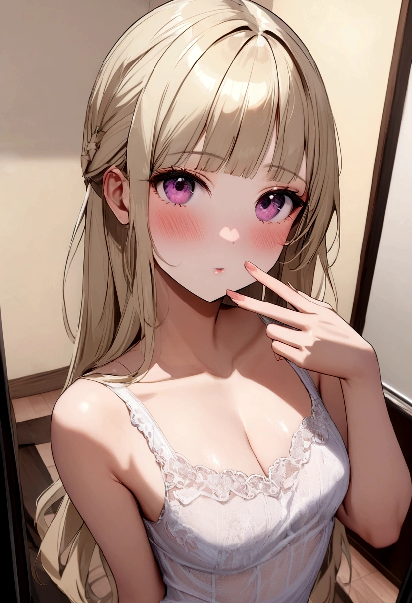 Oman with matching tank top and panties, fille sexy aux yeux bleus, Portrait de Sophie Mudd, Portrait de Corinna Kopf, cheveux blonds et grands yeux, selfie d'une jeune femme, ohne Maquillage, maquillage naturel, Regardez directement dans la caméra, Visage avec Artgram, maquillage subtil, Superbe photo du corps entier, dans la chambre, gros seins, blond, Latin