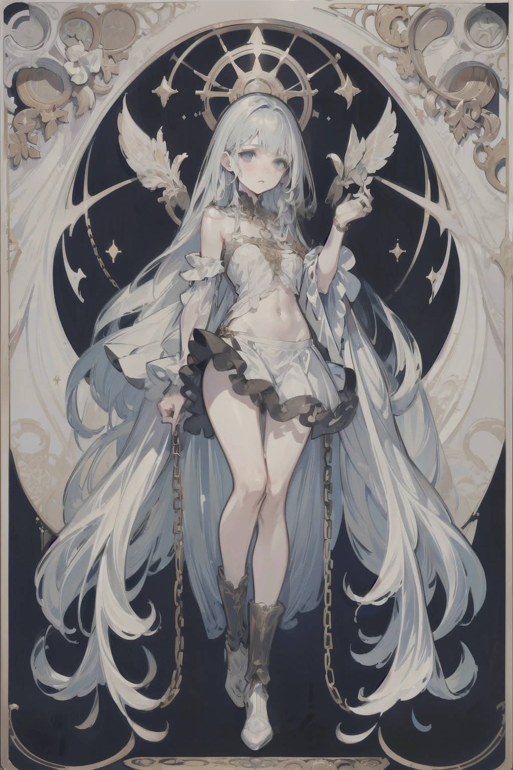  ((best quality)), ((masterpiece)), (detailed), 1girl, Character design, female, dynamic poses, long white grey hair, grey white eyes, very skinny, detailed, best quality, no accesoires around the neck, no shoes, prominent collarbones, skinny arms, flat stomach, visible hip bones, full body, blank white background, plain background, white background, red and white clothing, Bloodborne inspired, occult aesthetic, occult, detailed and intricate steampunk and detailed gothic, NSFW, Very dramatic and cinematic lighting, cosmic horror, grim-dark, side-lighting, perfect face, NSFW, Fluttering lace flared long knee length dress with frilly petticoats, knee length dress, pleated petticoats, petticoats gothic, complex lace boots, side-lighting, gothic aesthetic, wielding a mighty sword with mechanical components, mandalas, small breasts, a fairy, various different types of insect wings, NSFW, full body, whole body, body, plain background, white background, blank background, no background, white background NSFW, chains, full body, whole body, head-to-toe NSFW 