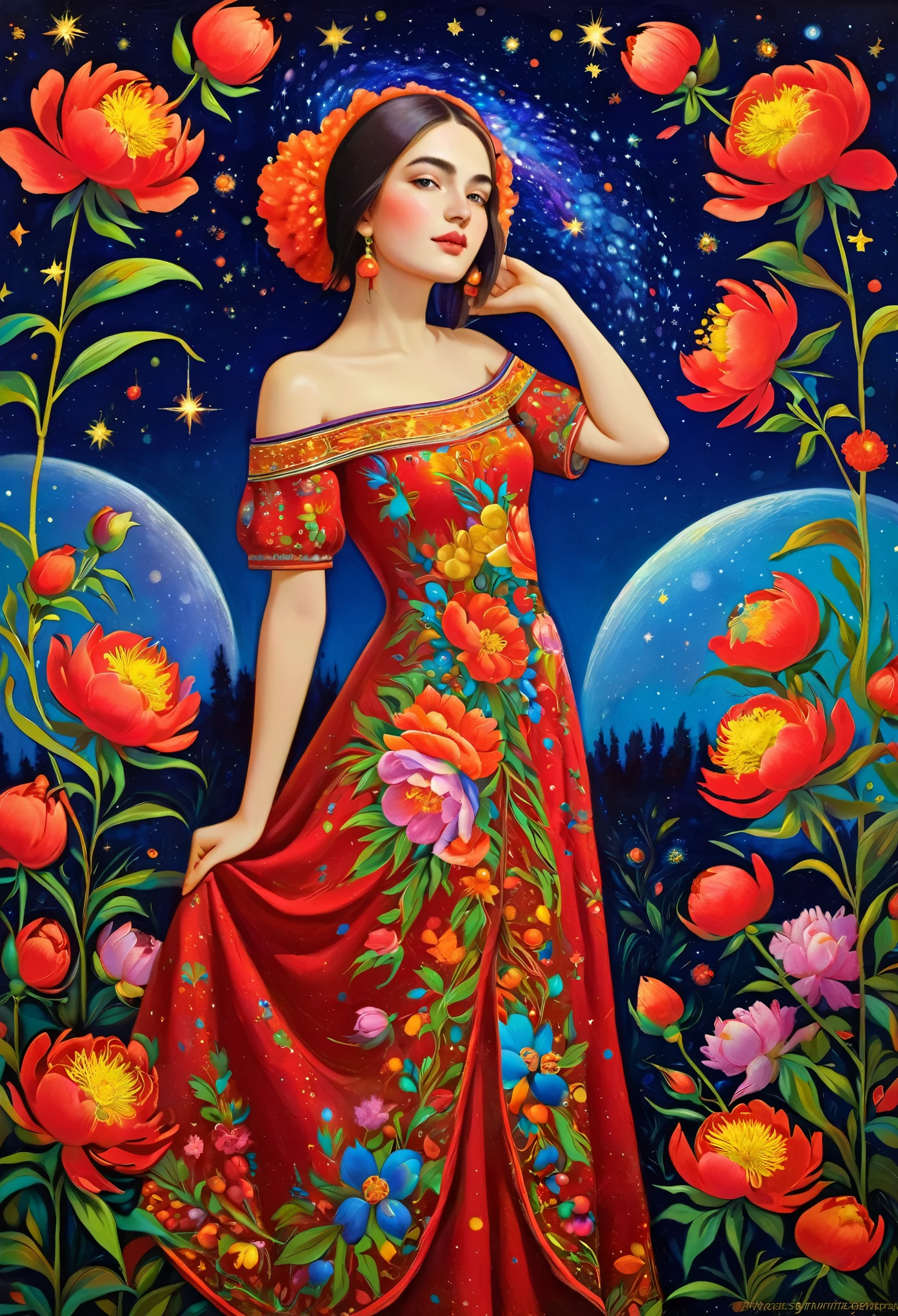 attractive young girl with peonies, Russian khohloma, dream under the summer starry sky, Russian paraphernalia, from the shoulder, Very colorful,
Best Improvisation, ((Mordecai-Ardon style!)), ((perfect full body detail)), magic naive art, primitivism, protogen, crimson/liliac
, ((best quality, Masterpiece)), ((Highest detail)), RAW:1,1, 8k