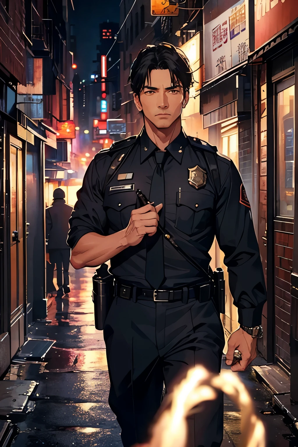 46-year-old police officer、good looking、Masculine、Gentleman、The background is a New York alley、Dark and cozy atmosphere、Detailed facial expressions、(masterpiece),highest quality,Excellent ???????