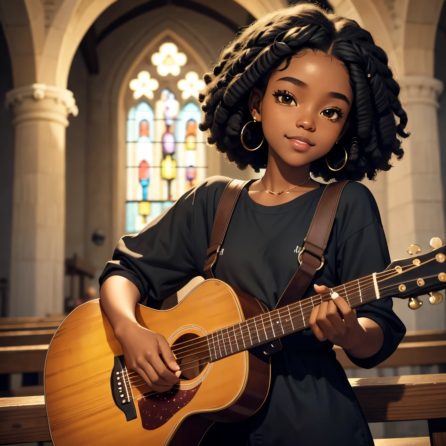 masterpiece, best quality), deep ebony 1girl, beautiful face, short Afro braids , cute, , beautify, Lofi vibe,, cute night vibe, concentrated, hands outside of the picture, Christian ,church vibe , smart clothing, cute look, clothing is dry and baggy, small breasts, teen vibe, cute smile, outside of the church, guitar