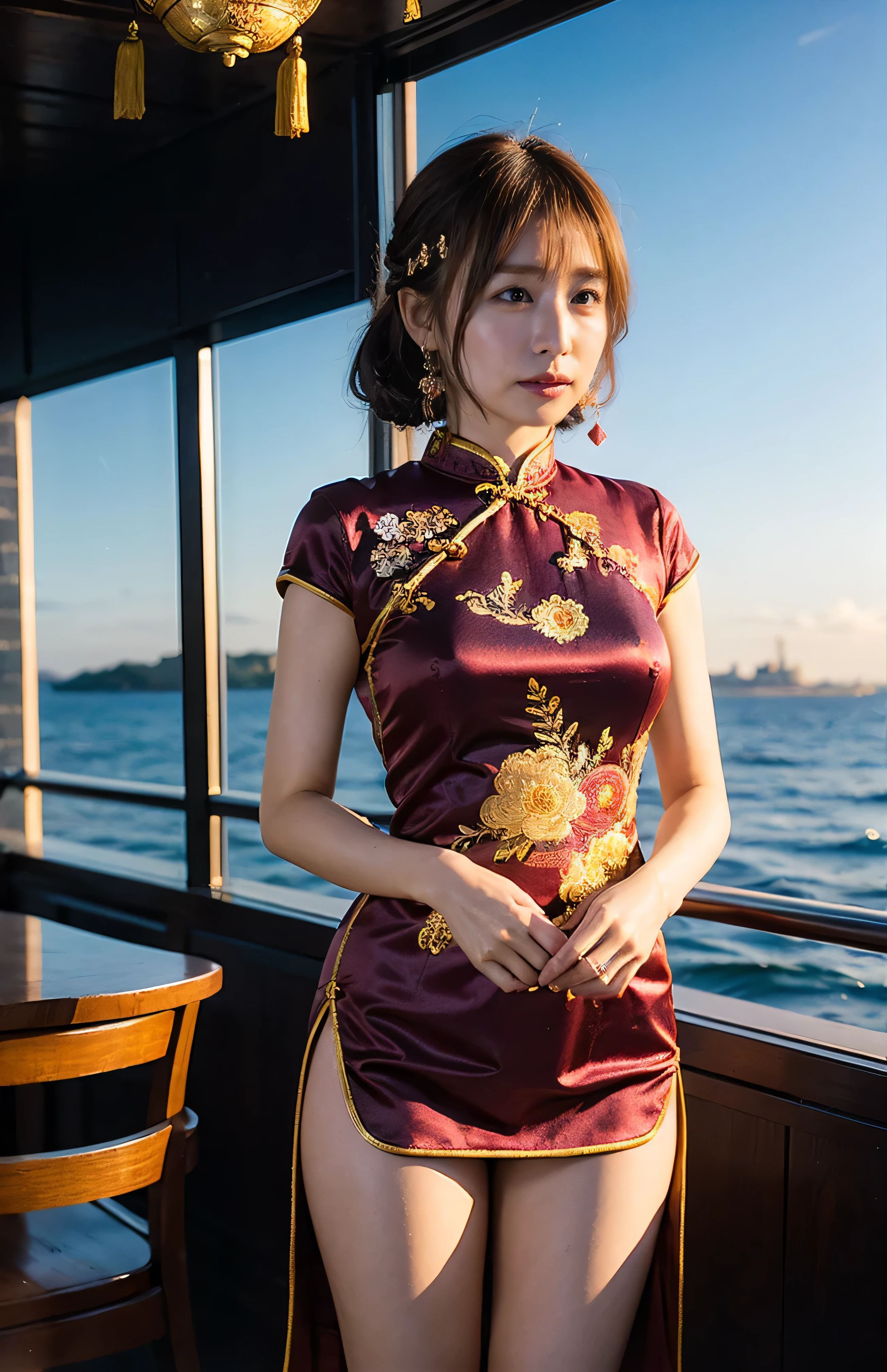 The sky turns red、Hair swaying in the wind、China at night、((hair ornaments:1.5)).A gorgeous red cheongsam with gold embroidery、hair ornaments、Tie your hair elegantly、Gorgeous red silk cheongsam、((Standing on a ship。、A luxurious and shiny embroidered cheongsam:1.4)).A luxurious and shiny silk cheongsam、A luxurious red cheongsam with embroidery、Woman standing on a boat、Light brown hair、Elegant hairstyle、Blue Eyed Woman、A woman with a cute upward gaze、When the sky gets dark、The gentle light of the ship shines、The sky turns red as the sun sets、Tight clothing that shows your body lines、、Elegant navy blue summer knit、Elegant black summer sweater、Short skirt、Dress elegantly着こなす、Luxury Bagedium Shorthair:1.4））、Skyscrapers seen across the sea、Manhattan 私sland is visible offshore、Woman on a sightseeing boat、、The sun shines on her、Light brown hair、Light brown hair、The sky was dyed red、There are clouds、private's cute、An elegantly dressed woman is sitting on a boat and watching the sunset、Her ample breasts are obvious even through her clothes..、The shining sun is so beautiful、Dusk is approaching、Lens flare、I can see the sunset、（（Sunlight reflecting off the ocean、Ocean View、The sun shines on the sea、&#39;beautiful.、Small earrings、private&#39;evening、Birds are also flying、、Brown Hair Color、Tying up hair、The woman is on the right:1.4））、Luxury Leather Belts、Shiny clothes、Light beige hair color、Background Blur、Braid only the front hair、Light brown hair、｛｛Cowgirl Shot｝｝、（（Close-up shot from the waist up、Ample breasts:1.4））、Smile、Silk clothing、Ample breasts that can be seen even through clothes、Braid only the front hair、Cowboy Shot、Gorgeous white collared silk shirt and brown skirt、Dress elegantly、Luxury Bags、A lovely smile、（（Ample breasts））、Full body photo、ring、Short skirt、Tuck your hair behind one ear、Silver Necklace、smile、 Elegant ponytail、Caustics、Highly detailed photos、Very beautiful and ideal short hair、Super no makeup、(8k、RAW Photos、highest quality、masterpiece:1.2)、(Realistic、Realistic)、1 girl、((Medium Short Hair、Looking into the camera:1.4))、Hair blowing in the wind
