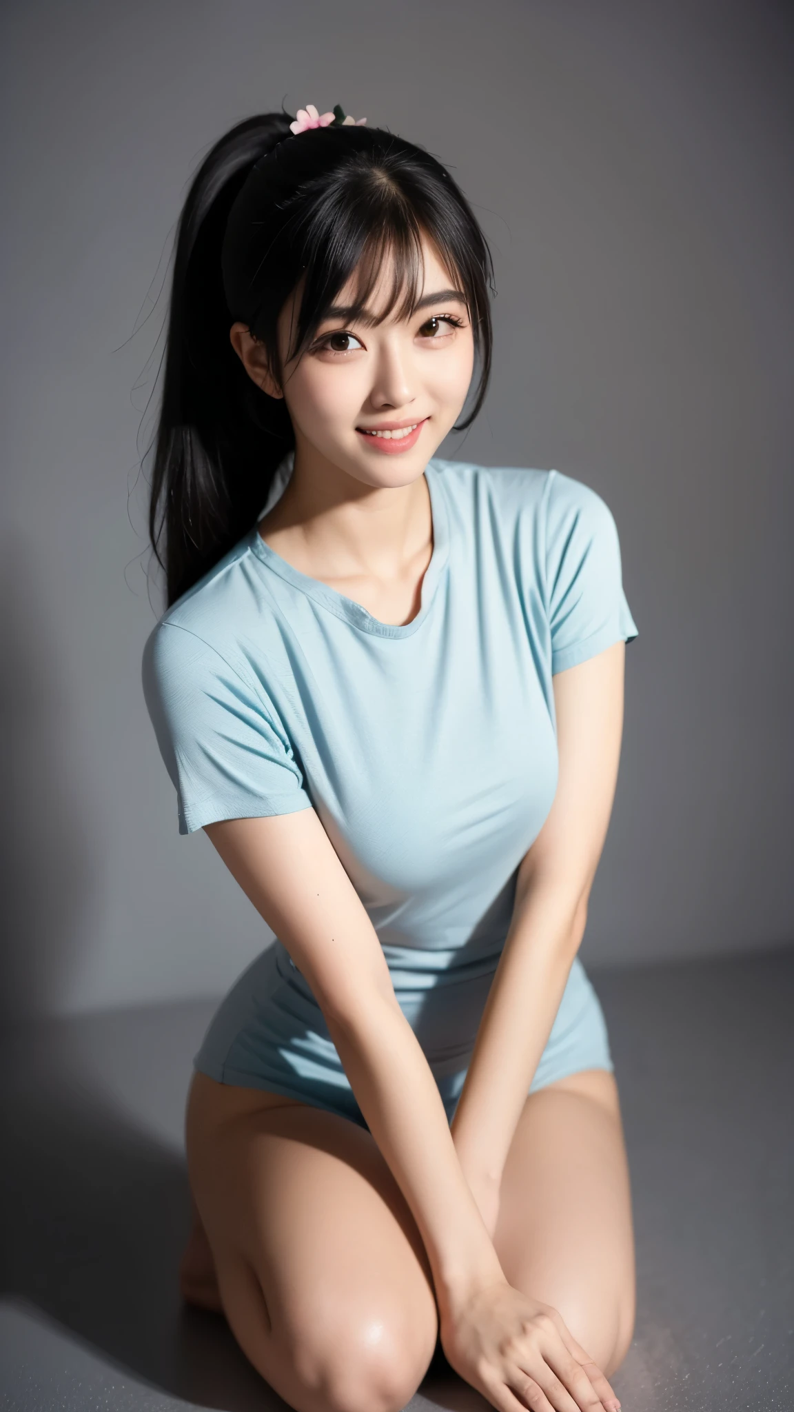 20 yearsBlond  black hair, long hair with pony tail and bangs, slicked back hair, dominant, brown eyes, dominant eyes, eye contact, arrogant, hot, thick eyebrows, evil smile, smirk, blue shirt, sporty, tall, model, posing, dungeon, Create an intense, evocative full body in the Japanese retro style of the female. This girl is standing. Her attire is minimal, accentuating the curves of her body and the dramatic shadows cast by the lighting. The background flower 