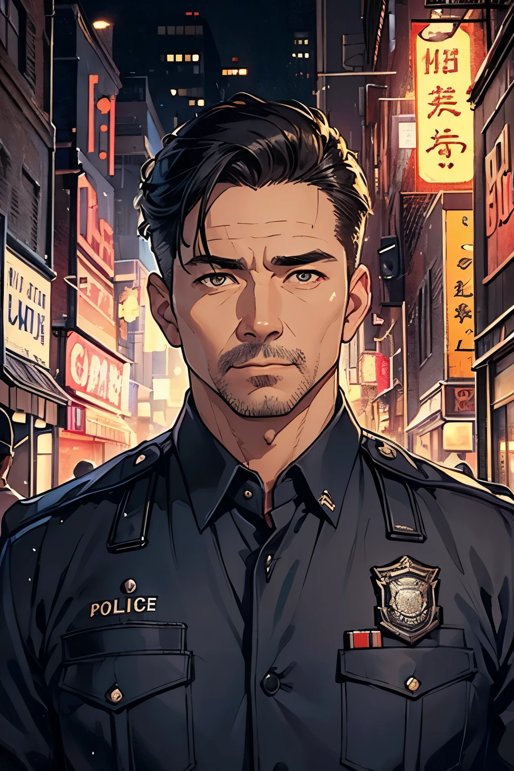 42-year-old police officer、good looking、Masculine、Gentleman、The background is a New York alley、Dark and cozy atmosphere、Detailed facial expressions、(masterpiece),highest quality,Excellent anatomy
