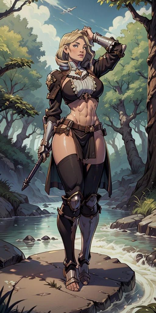 full body toe to head, masterpiece, 1soloMILF BIMBO standing pose, strong body, abs, shiny skin (masterpiece, best quality) 1girlsolo wearing rathalos armor mixed 40K Warhammer sister of battle whsororitas (sunshine, sky, river, forest)