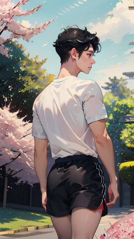 1boy, (Masterpiece, Top Quality, Best Quality), upper-body, blonde hair, black hair, multi-colored hair, forehead, (gym uniform: 1.1), solo, exterior, Park, Walking, blue skies, sakura trees, male focus, 8K, Negative_Hand-Neg Oji,Back, behind, Shows ass,йй Wearing slip-on shorts with a cute polka dot pattern