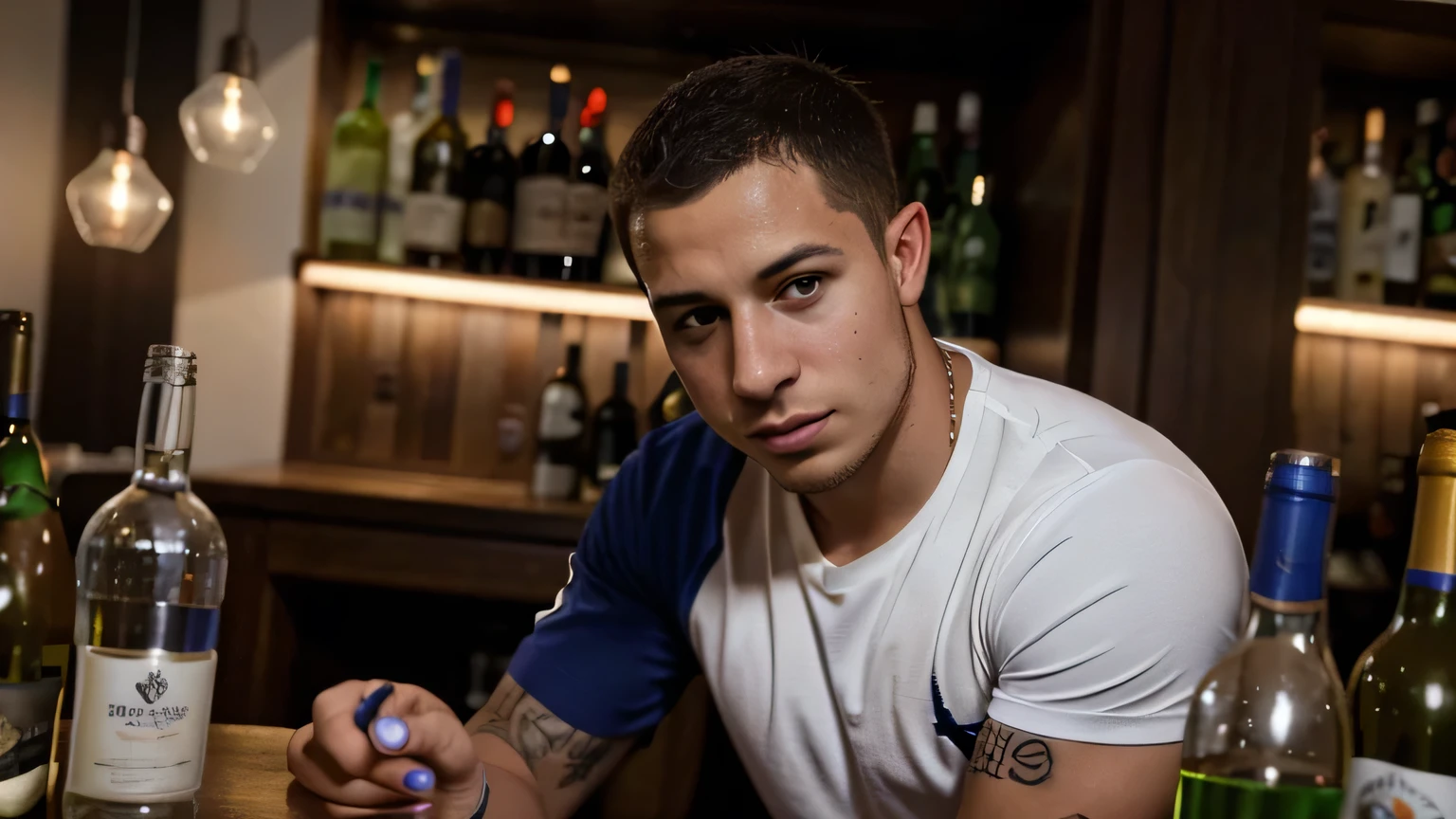 eden hazard at party, holding bottle in his both hands, drunk eden hazard, wde angle picture