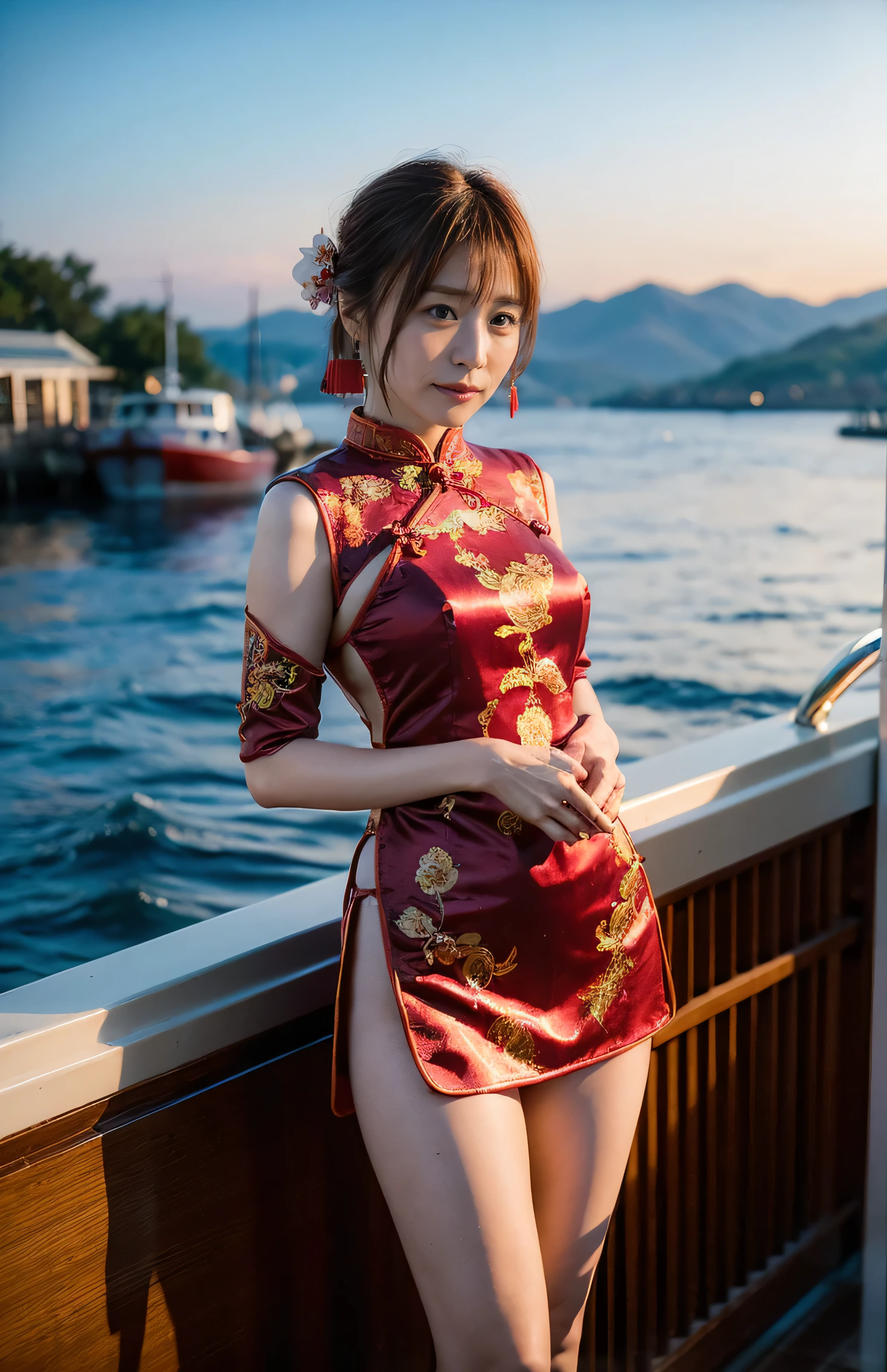 The sky turns red、Hair swaying in the wind、China at night、((hair ornaments:1.5)).A gorgeous red cheongsam with gold embroidery、hair ornaments、Tie your hair elegantly、Gorgeous red silk cheongsam、((Standing on a boat and posing sexy、A luxurious and shiny embroidered cheongsam:1.4)).A luxurious and shiny silk cheongsam、A luxurious red cheongsam with embroidery、Woman standing on a boat、Light brown hair、Elegant hairstyle、Blue Eyed Woman、A woman with a cute upward gaze、When the sky gets dark、The gentle light of the ship shines、The sky turns red as the sun sets、Tight clothing that shows your body lines、、Elegant navy blue summer knit、Elegant black summer sweater、Short skirt、Dress elegantly着こなす、Luxury Bagedium Shorthair:1.4))、Skyscrapers seen across the sea、Manhattan 私sland is visible offshore、Woman on a sightseeing boat、、The sun shines on her、Light brown hair、Light brown hair、The sky was dyed red、There are clouds、private's cute、An elegantly dressed woman is sitting on a boat and watching the sunset、Her ample breasts are obvious even through her clothes..、The shining sun is so beautiful、Dusk is approaching、Lens flare、I can see the sunset、((Sunlight reflecting off the ocean、Ocean View、The sun shines on the sea、'beautiful.、Small earrings、private'evening、Birds are also flying、、Brown Hair Color、Tying up hair、The woman is on the right:1.4))、Luxury Leather Belts、Shiny clothes、Light beige hair color、Background Blur、Braid only the front hair、Light brown hair、{{Cowgirl Shot}}、((Close-up shot from the waist up、Ample breasts:1.4))、Smile、Silk clothing、Ample breasts that can be seen even through clothes、Braid only the front hair、Cowboy Shot、Gorgeous white collared silk shirt and brown skirt、Dress elegantly、Luxury Bags、A lovely smile、((Ample breasts))、Full body photo、ring、Short skirt、Tuck your hair behind one ear、Silver Necklace、smile、 Elegant ponytail、Caustics、Highly detailed photos、Very beautiful and ideal short hair、Super no makeup、(8k、RAW Photos、highest quality、masterpiece:1.2)、(Realistic、Realistic)、1 girl、((Medium Short Hair、Looking into the camera:1.4))、Hair blowing in the wind