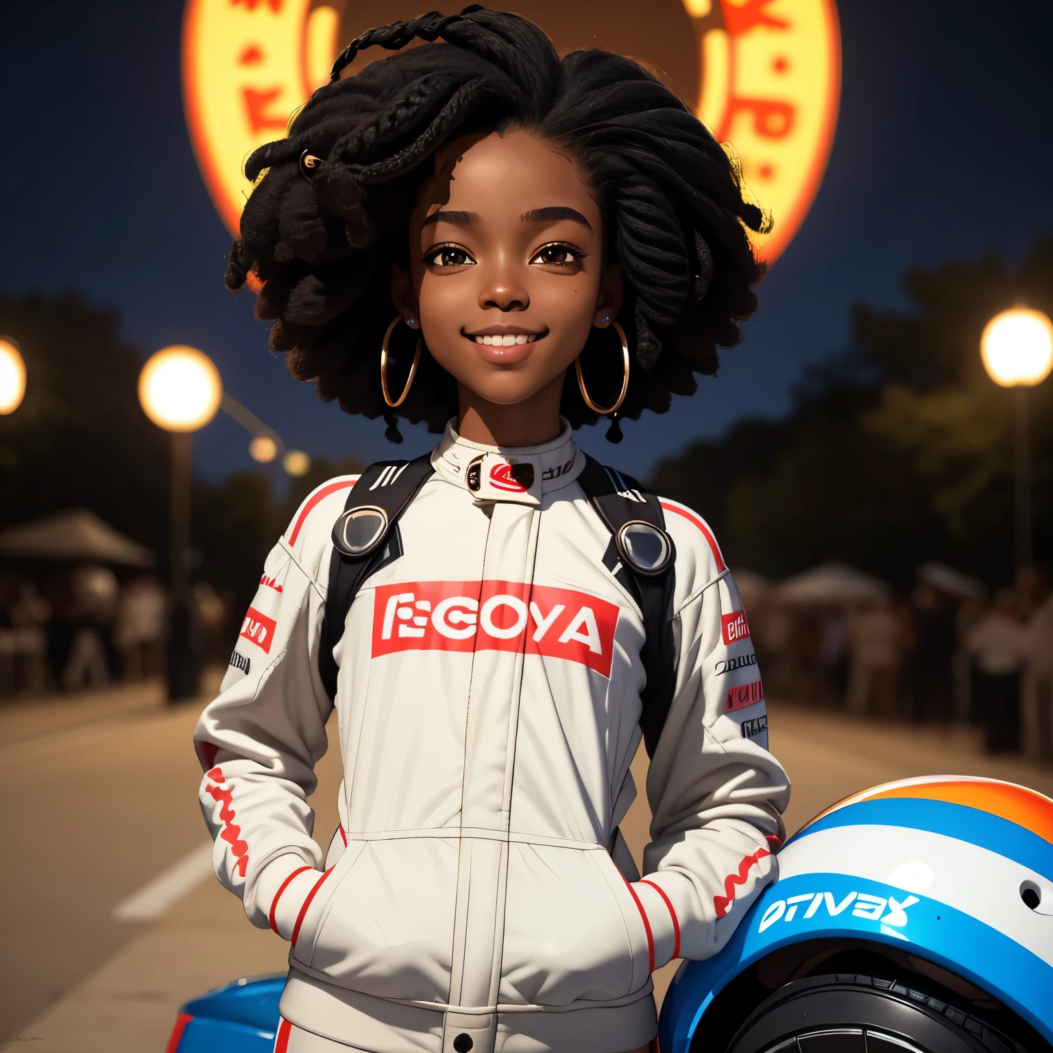 masterpiece, best quality), deep ebony 1girl, beautiful face, short Afro braids , cute, , beautify, Lofi vibe,, cute night vibe, concentrated, hands outside of the picture, formula 1 , formula 1 driver clothing, helmet on, cute look, clothing is dry and baggy, small breasts, vibe, cute smile,