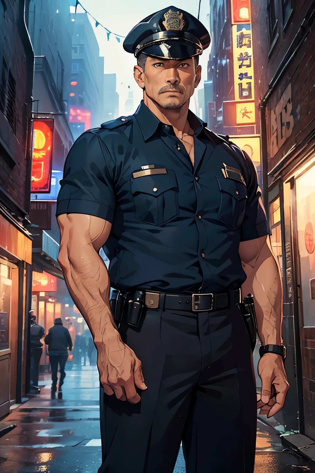 48-year-old police officer、good looking、Masculine、Muscular、Gentleman、The background is a New York alley、Dark and cozy atmosphere、Detailed facial expressions、(masterpiece),highest quality,Excellent anatomy