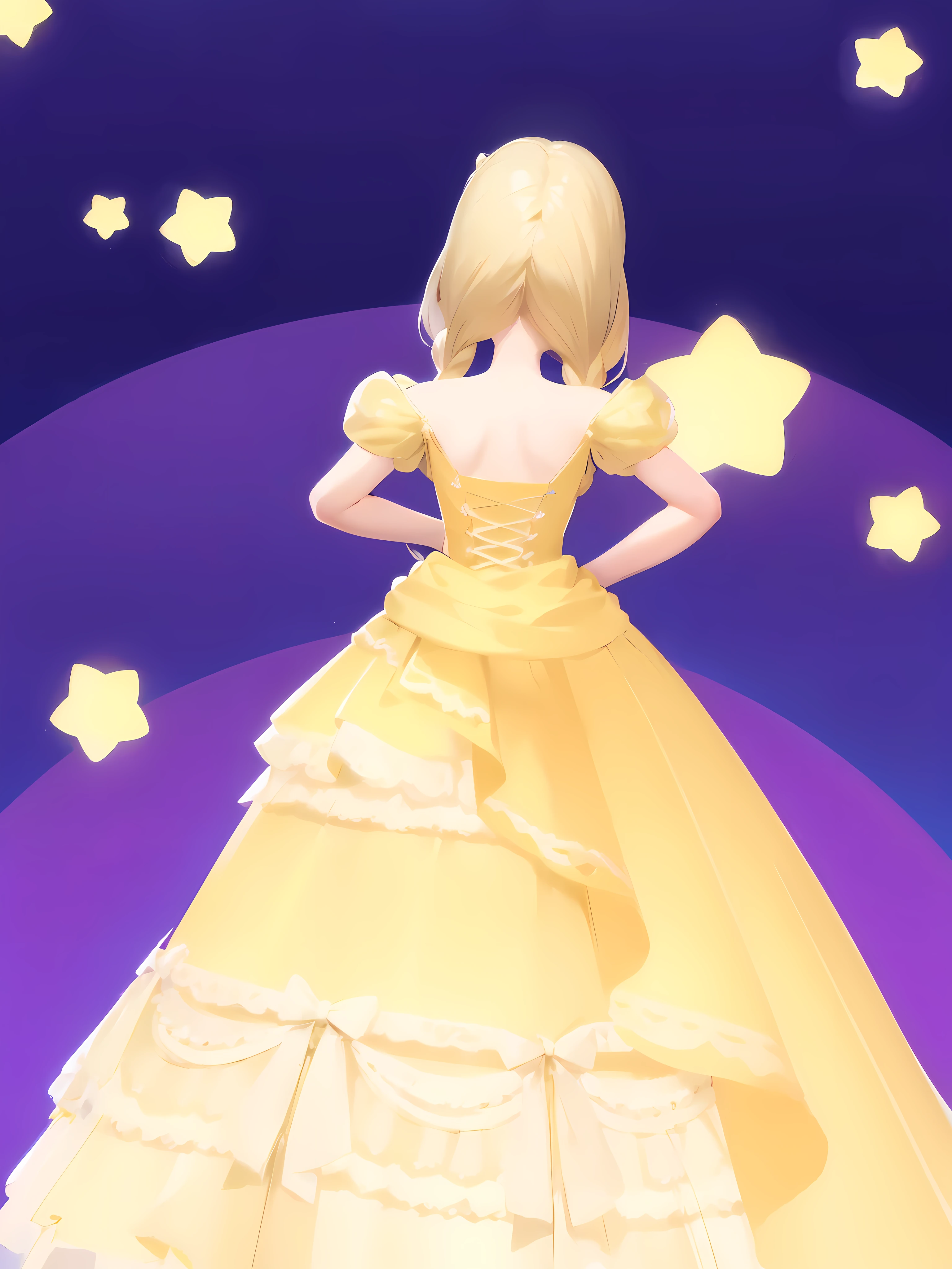 (masterpiece:1.2), best quality, highres, original, (extremely detailed:1.2), ultra-detailed, wallpaper, perfect lighting,(extremely detailed CG:1.2), 8k, 1girl, solo, there is a woman in a yellow dress, magical dress, blonde - haired princess, imperial royal elegant clothing, astral dress, fantasy dress, from behind, back-angle, stary background