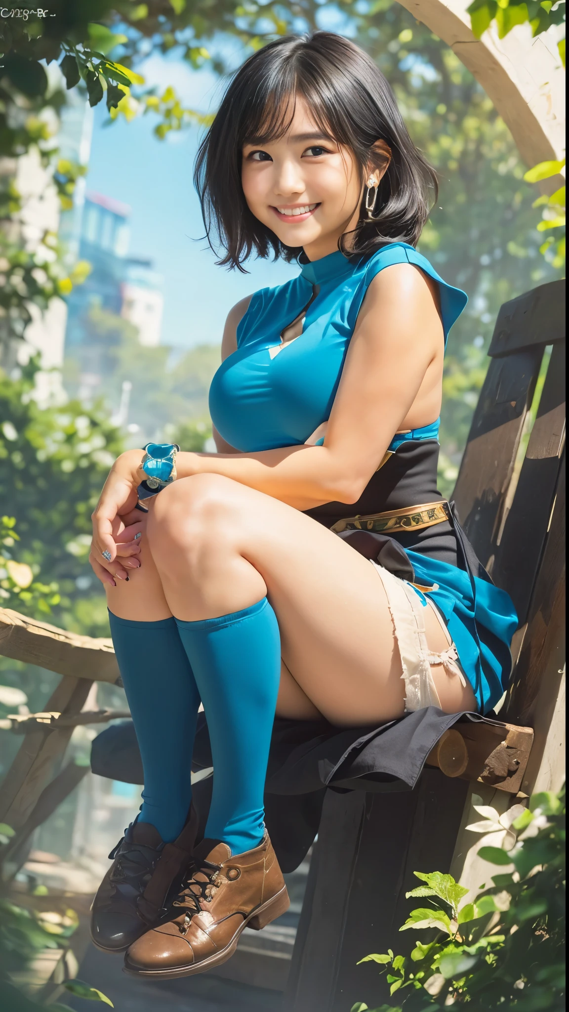 Highest quality, Official Art, masterpiece, Fabric Shading, High resolution, Very detailed, colorful, Best details, Song Jua:1.5, 1 female, Age 25, Black Hair, short hair, Up Bang Hair, One Length, Highest quality, Official Art, masterpiece, Fabric Shading, High resolution, Very detailed, colorful, Best details, Fantasy, Standing on the stairs, A castle town with an old castle view, sunny, Large Breasts, skinny, Surrounded by a lot of people:1.9, Confetti falling, Blessed, Welcomed:1.5, Camel Toe:1.3, Ground level shot,No stockings,squatting, spread legs