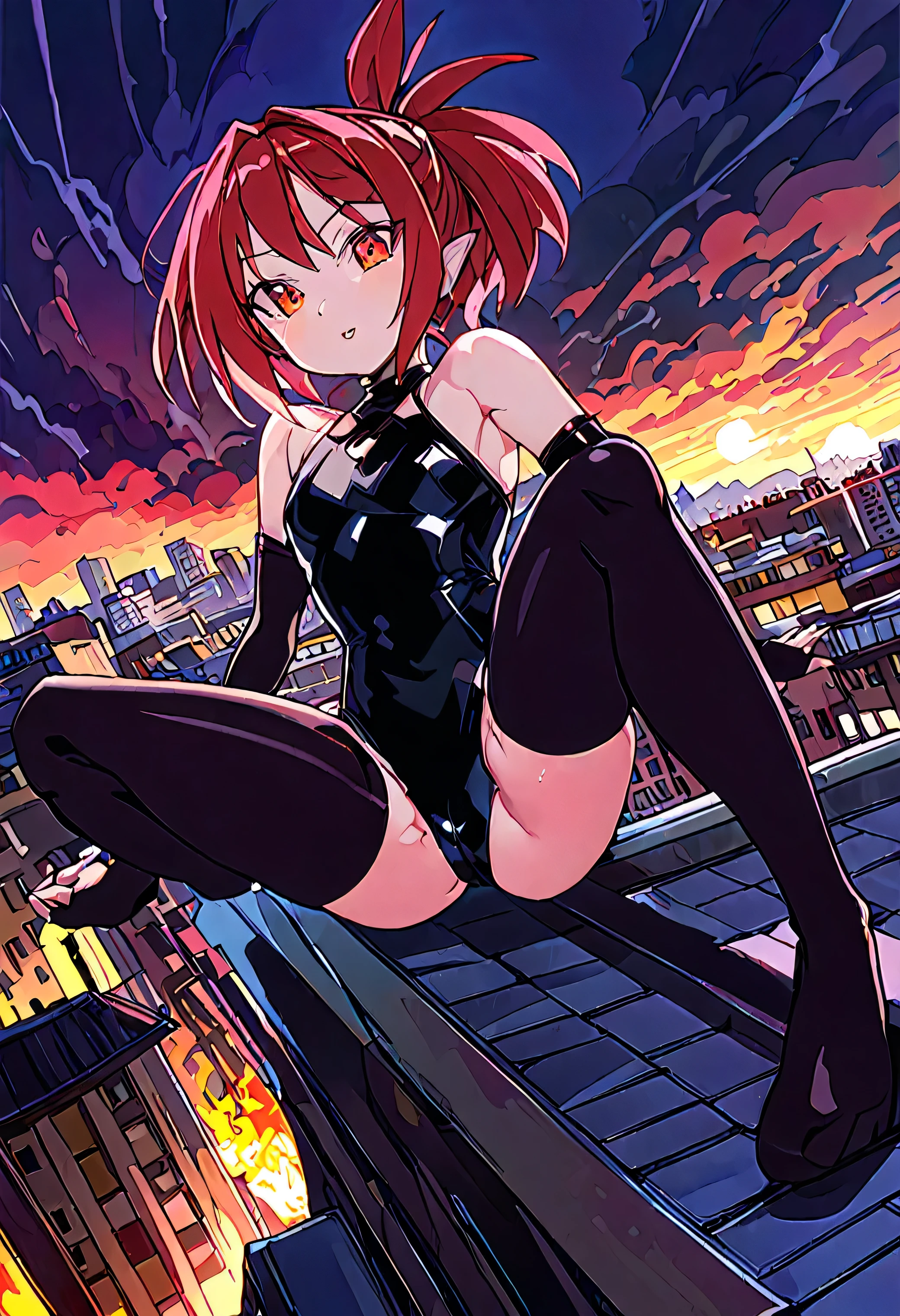 Etna, female, young, leotard, crouch, spread legs, on the roof, big city on the background 