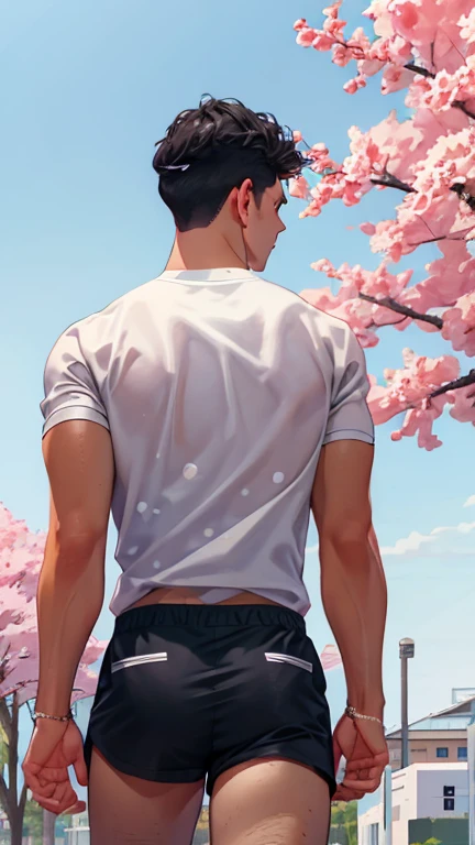 1boy, (Masterpiece, Top Quality, Best Quality), upper-body, blonde hair, black hair, multi-colored hair, forehead, (gym uniform: 1.1), solo, exterior, Park, Walking, blue skies, sakura trees, male focus, 8K, Negative_Hand-Neg Oji,Back, behind, Shows ass,йй Wearing slip-on shorts with a cute polka dot pattern