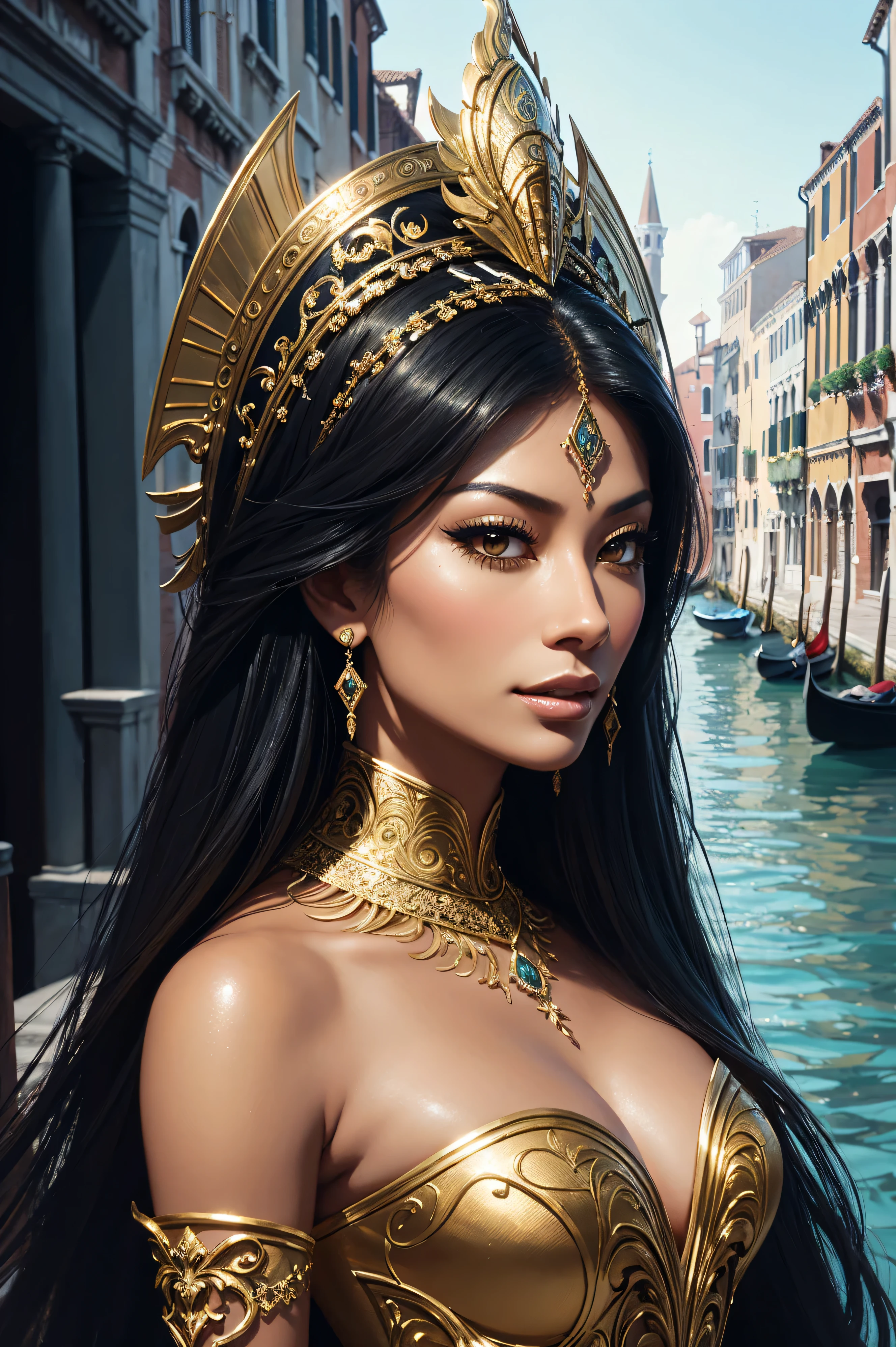 portrait Nicole Scherzinger, Venetian mask costume, against the background of Venice, character portrait, 3 9 9 0 s, long hair, intricate, elegant, highly detailed, digital painting, artstation, concept art, smooth, sharp focus, illustration, art by wlop, charlie bowater and alexandra fomina, 36 k