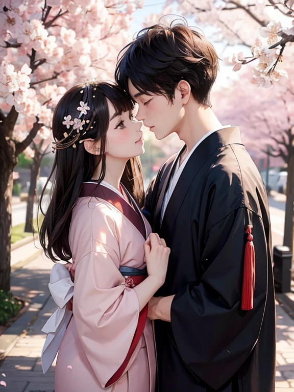 Black haired girl in kimono kissing brown haired boy in simple clothes in front of cherry blossom tree 