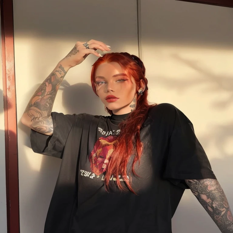 arafed woman with red hair and tattoos posing for a picture, with red hair, julia hetta, with long red hair, angie glocka, red hair and attractive features, arian mark, with tattoos, androgynous person, she is wearing streetwear, wearing a black tshirt, long glowing red hair, wearing black tshirt, profile pic, she has red hair