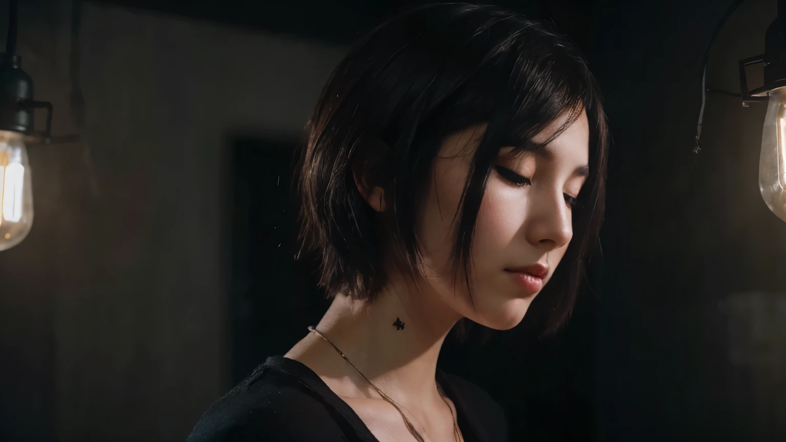 realistic girl with short bob black hair with black clothing, looking back, mysterious, instagram, grunge, dark room, black room with low light, no visible light bulbs, cinematic scene, eyes closed, girl is falling into void