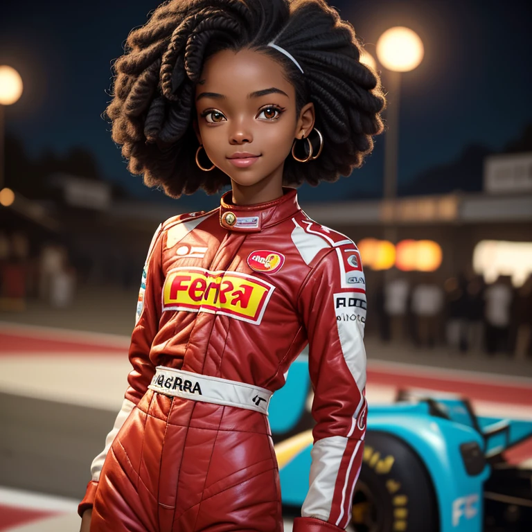 masterpiece, best quality), deep ebony 1girl, beautiful face, short Afro braids , cute, , beautify, Lofi vibe,, cute night vibe, concentrated, hands outside of the picture, formula 1 , formula 1 driver clothing, helmet on, cute look, clothing is dry and baggy, small breasts, teen vibe, cute smile,  red clothing, Ferrari inspired