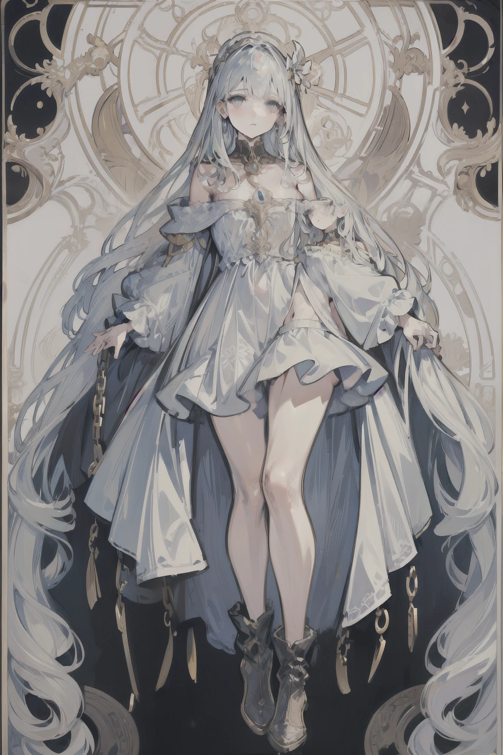  ((best quality)), ((masterpiece)), (detailed), 1girl, Character design, female, dynamic poses, long white grey hair, grey white eyes, very skinny, detailed, best quality, no accesoires around the neck, no shoes, prominent collarbones, skinny arms, flat stomach, visible hip bones, full body, blank white background, plain background, white background, red and white clothing, Bloodborne inspired, occult aesthetic, occult, detailed and intricate steampunk and detailed gothic, NSFW, Very dramatic and cinematic lighting, cosmic horror, grim-dark, side-lighting, perfect face, NSFW, Fluttering lace flared long knee length dress with frilly petticoats, knee length dress, pleated petticoats, petticoats gothic, complex lace boots, side-lighting, gothic aesthetic, wielding a mighty sword with mechanical components, mandalas, a fairy, various different types of insect wings, NSFW, full body, whole body, body, plain background, white background, blank background, no background, white background NSFW, chains, full body, whole body, head-to-toe NSFW 