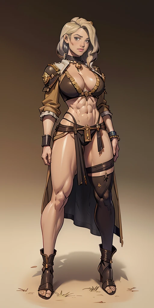 full body toe to head, masterpiece, 1soloMILF BIMBO standing loincloth pose, leather collar choker neck bell shackles wristbands bracers bracelets sleeves and stockings, strong body, abs, shiny skin (masterpiece, best quality) 1girlsolo wearing 40K Warhammer sisters of battle whsororitas (plain background)