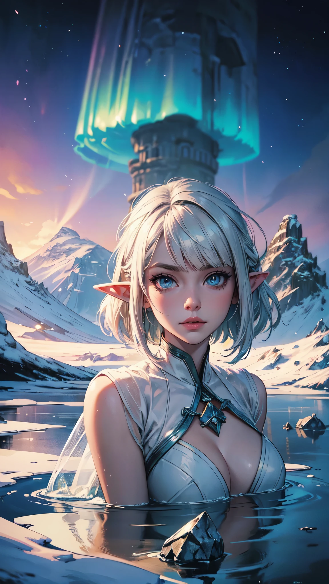 ((masterpiece )), (top quality), (best quality), ((ultra-detailed, 8k quality)), Aesthetics, Cinematic lighting, (detailed line art), Beautiful digital artwork, Exquisite digital illustration，painting, BREAK, Painting of a elf girl with white hair sitting on the hill with a castle on the water，Onmyoji detailed art，barefoot, in Iceland, a beautiful artwork illustration，mythological creatures, Inspired by the mythical creature wildnet，Digital art on Pixiv，strong lights，hight contrast，outdoors, Dynamic angle, BREAK, highly detailed of (elf), (1girl), perfect face, details eye, Bob cut hair, Blunt bangs, (hair between eye), blonde white hair, blue eyes, eyelashes, eyeshadow, pink eyeshadow, light smile, design art by Artgerm, by Kawacy, By Yoshitaka Amano, BREAK, ((perfect anatomy)), nice body, medium breast, extremely detailed finger, best hands, perfect face, beautiful face, beautiful eyes, perfect eyes, perfect fingers, correct anatomy, BREAK, tree, lake, mountain, tundra, ice, mountains of snow, northern lights, blizzard, cold, frost, Broken Glass effect, no background, stunning, something that even doesn't exist, mythical being, energy, molecular, textures, iridescent and luminescent scales, breathtaking beauty, pure perfection, divine, detailed hands, detailed face, detailed eyes
