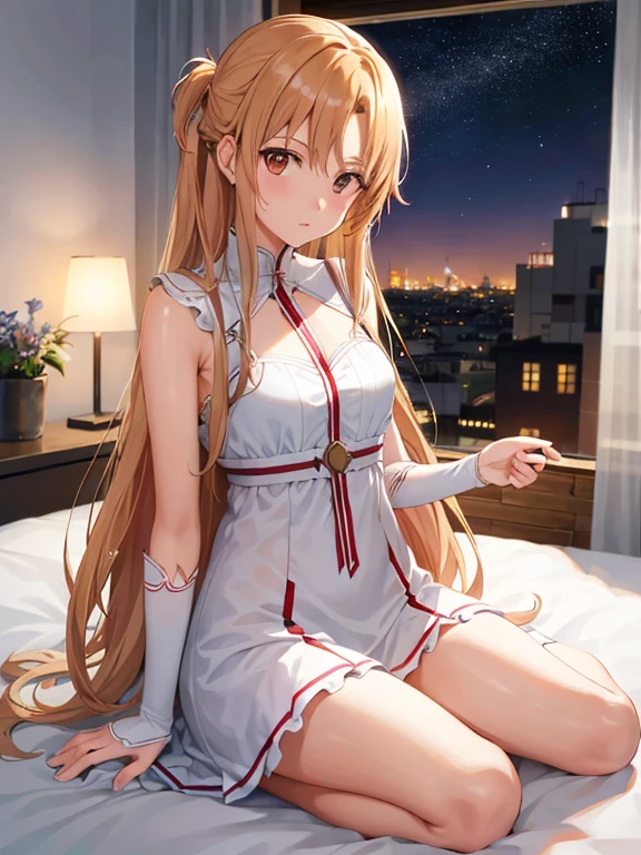 (mejor calidad, 8K, ultra high resolution, absurdo:1.2), (Yuuki Asuna de Sword Art Online), ( cabello largo y hermoso, ojos de miel, Adulto, maduro, Rubor, shy, lindo ), ( tumbado en la cama, en la espalda, mirando al frente, Somnoliento, Bostezo, vistiendo un vestido blanco, luces de vela, Luces acogedoras, noche )
