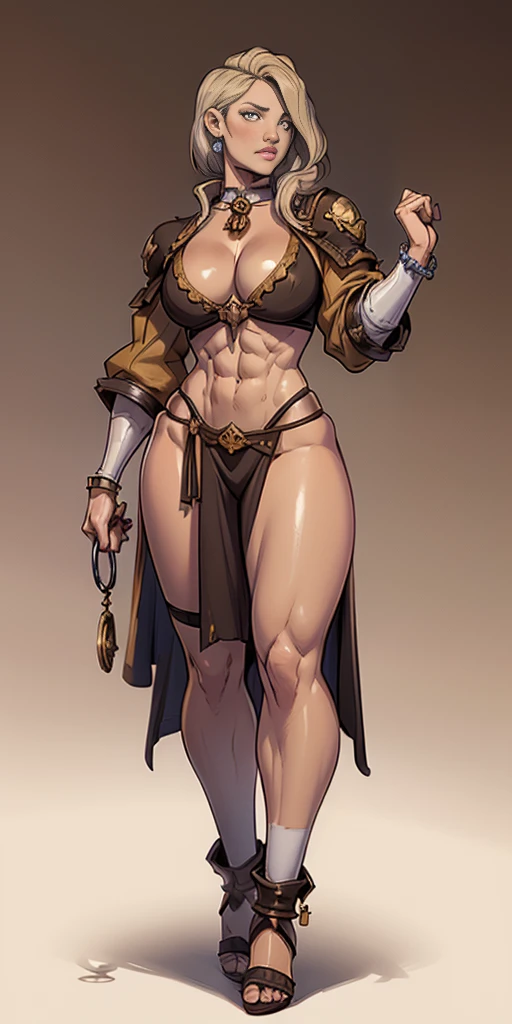full body, whole body. loincloth standing, lefthand on hips and righthand behind head full body, 1solo (girl) slave fighter, metal sandals, choker, big belt, view from below, barefoot together, bracers, tiara, leather collar choker neck bell, cleavage, shackles wristbands, long messy white silver platinum hair