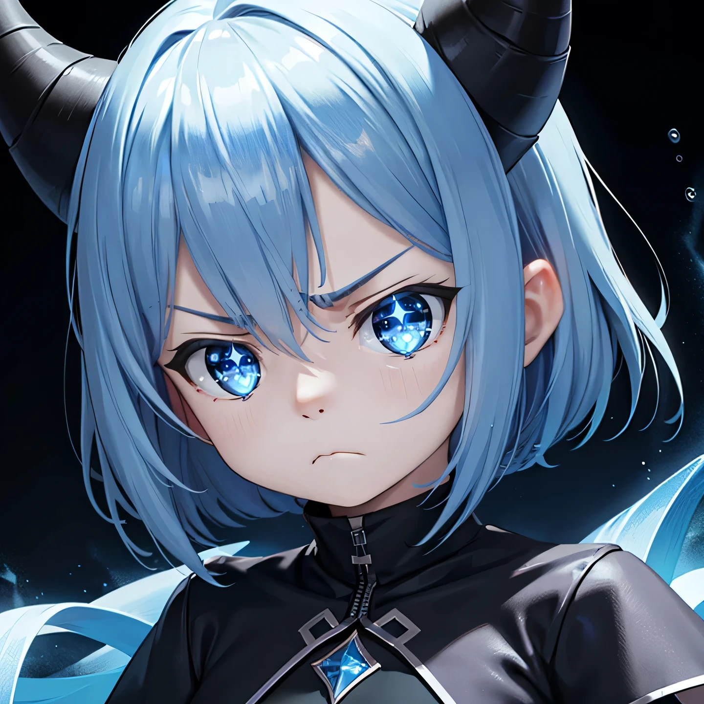 Blue aura, blue eyes, black poncho, short sleeves, serious, sharp stare, short, black background, tight clothing, glowing aura, glowing blue, blue effects, glowing blue effects, Frost blue hair, short hair, no chest, blue poncho, light blue eyes, short, sparkling eyes, small, blue horns, huge horns, young, kid, angry, deadly, furious, close up, hatred, evil, head only, closed mouth