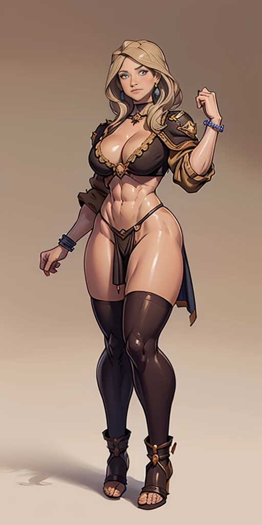 full body toe to head, masterpiece, 1soloMILF BIMBO standing loincloth pose, leather collar choker neck bell shackles wristbands bracers bracelets sleeves and stockings, strong body, abs, shiny skin (masterpiece, best quality) 1girlsolo wearing 40K Warhammer sisters of battle whsororitas (plain background)
