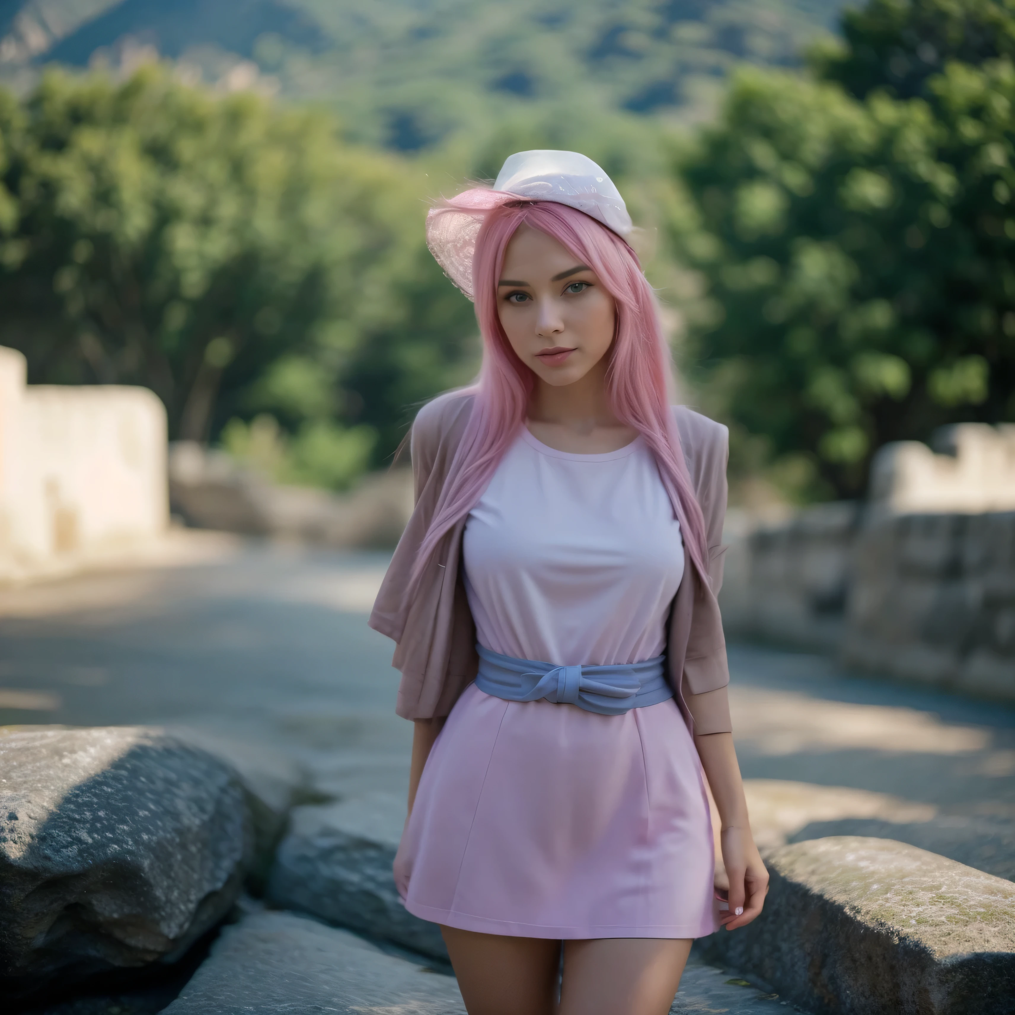D'accord, voici un prompt structuré en utilisant les paramètres pour créer une image ultra-réaliste d'une femme avec des cheveux roses posant en voyage touristique avec une belle tenue. Le but est de maximiser le réalisme pour une photo Instagram parfaite.
### The Woman:
"Create an ultra-realistic and captivating image of a woman with vibrant pink hair and piercing blue eyes. Her hair should be long, flowing, and meticulously detailed, with each strand catching the light. Her eyes should be large, clear, and expressive, with intricate detailing in the irises and lashes. Her skin should be flawless, with a natural, healthy glow. Emphasize the realistic portrayal of her face, ensuring that her mouth is well-defined and proportional."
### The Outfit:
"She is dressed in a stylish yet practical outfit suitable for a tourist expedition. Her attire consists of a sleek, form-fitting dress in a rich color that complements her pink hair. The dress should be both sexy and comfortable, with functional elements such as pockets and a breathable fabric suitable for travel. She accessorizes with a fashionable sun hat, a pair of sunglasses, and a light scarf. Comfortable yet chic shoes complete the look, making her outfit both practical and elegant for exploring."
### The Position:
"She stands confidently in front of one of the Seven Wonders of the World. Her posture exudes both poise and excitement, with one hand lightly resting on her hip and the other holding a camera. Her head is tilted slightly, as if she's about to take a photo of the breathtaking scenery. Her legs are positioned naturally, with one leg slightly bent to add to her relaxed yet engaged demeanor. Ensure her pose conveys a sense of adventure and appreciation for her surroundings."
### The Setting:
"The backdrop is one of the Seven Wonders of the World, such as the Great Wall of China, Petra, or Machu Picchu. The scene should capture the grandeur and historical significance of the location, with detailed ar