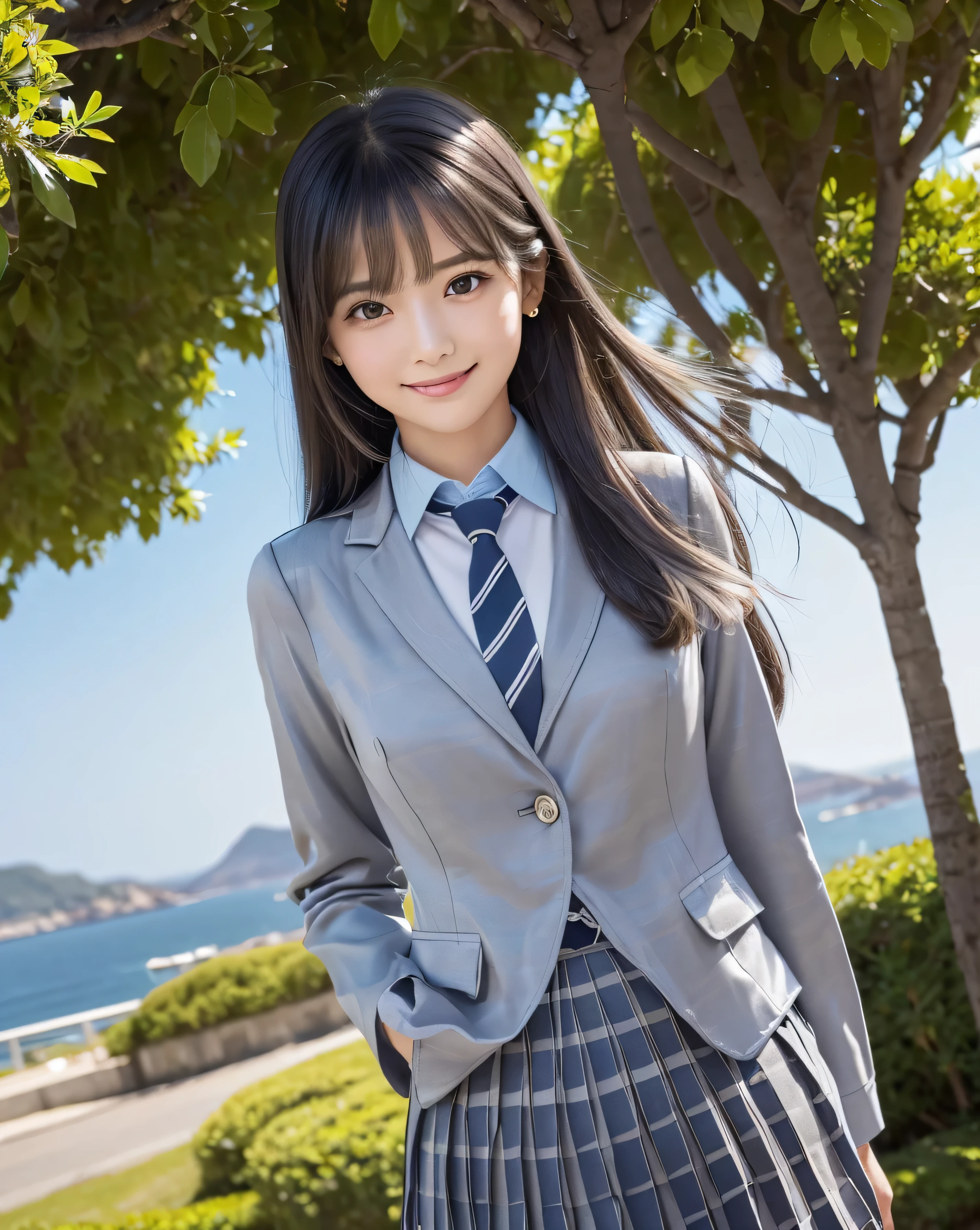 (highest quality, 32k, High resolution, Masterpiece:1.5, ), marimo_jet, god々A photograph with brilliant dazzling and healing power., Evoking a sense of calm and elusive beauty, Expressing emotions, Have a rich imagination, Beautiful Japanese Women, An exceptionally beautiful face, Small Face Beauty, ((Low - Angle:1.3)), Perfect Human Anatomy, Magical big eyes, Motherhood and generosity, Deep Love, ((fleeting smile:1.2)), Shiny black hair, Super Long Straight Silk Hair, Asymmetrical bangs, Hair between the eyes, Transparent, soft white skin, Sharp eyebrows, Thin lashes, ((Natural Makeup:1.1)), Cheek highlighter, Pale pink detailed lips, ((Schoolgirl uniform:1.3)), ((Grey checkered pleated skirt fluttering in the wind:1.2)), ((Grey metal button blazer:1.2)), ((Light blue striped tie:1.2)), Slim figure with ample breasts, High resolutionの美しい太もも, ((On a hill with a view of the sea:1.2)), Illuminated by the morning sun, Professional Lighting, Professional photographer, Professional models, God's Secret