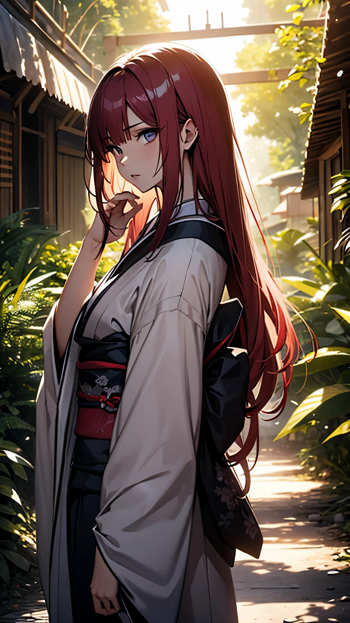 (1girl:1.3), Masterpiece, Best quality, amazing beauty, [[3D]], 4K, absurdres, finely detail, super detailed eye, perfect ???????, official art, cinematic lighting, BREAK, forest/jungle, silky long hair, red hair, super shiny detailed black eye, big eyes, cute eyes, thin eyebrow, （retreating figure）, she's hiding her face. close-mouth, thin lips, BREAK , usually, tall, medium, fair skin, detailed skin, Are standing, profile, from front, Sidelighting, BREAK , (kimono:1.2)